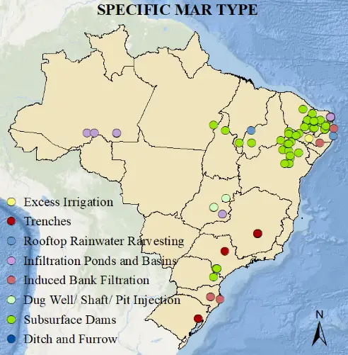Representation of the subsurface dams (green dots) located mainly in NE Brazil.